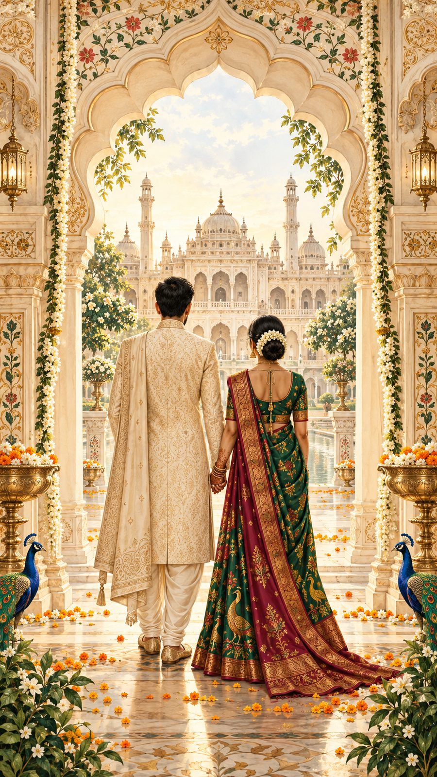 The couple in wedding attire, seen from behind, framed by a carved archway overlooking a lotus lake