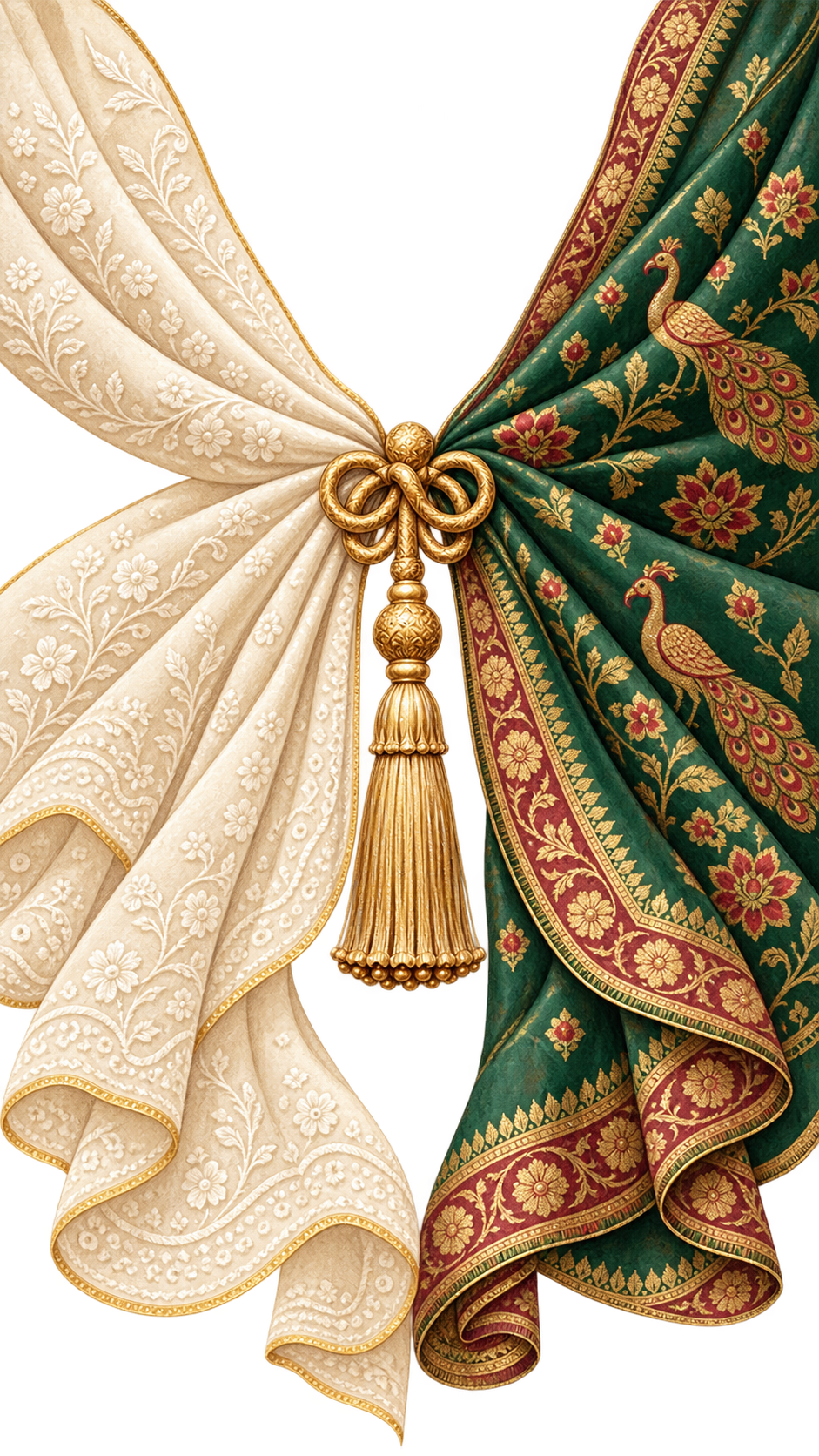 Ivory Chikankari and green Paithani drapes joined by a gold knot and tassel