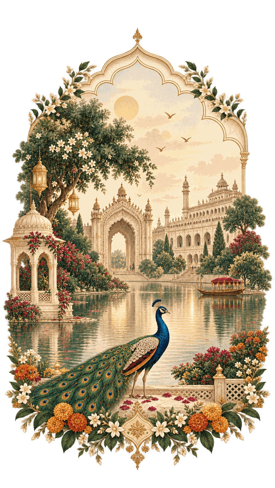 Lakeside Lucknow palace at golden hour, with lotus blossoms and a peacock at the water's edge