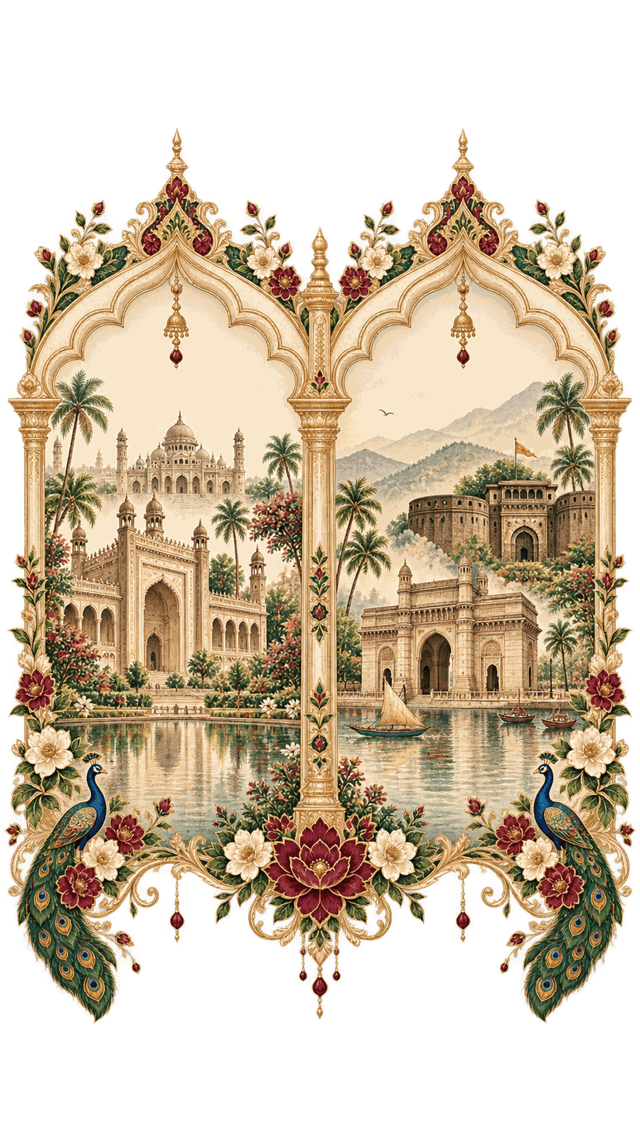 Paired painted arches: Awadhi domes and minarets mirrored in a still reflecting pool on the left, the Gateway of India and a hillside fort above the sea on the right